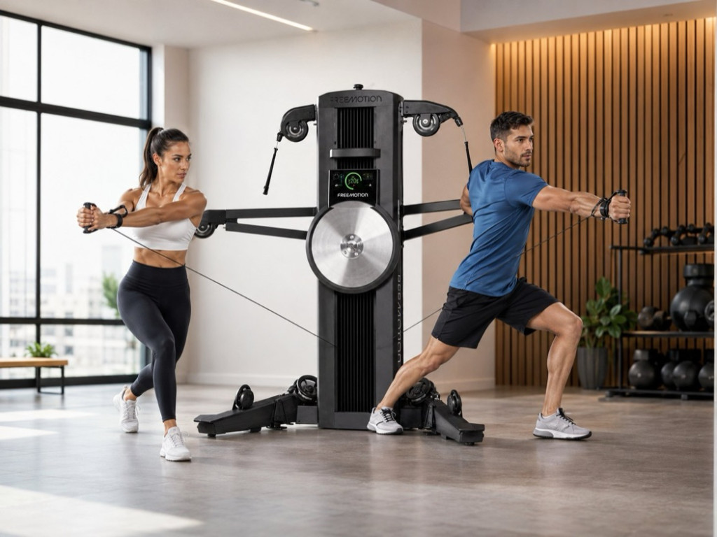 Sportoló kábeles húzógyakorlatot végez a Freemotion Fusion CST gépen, funkcionális erőedzés a csigás fogantyúval